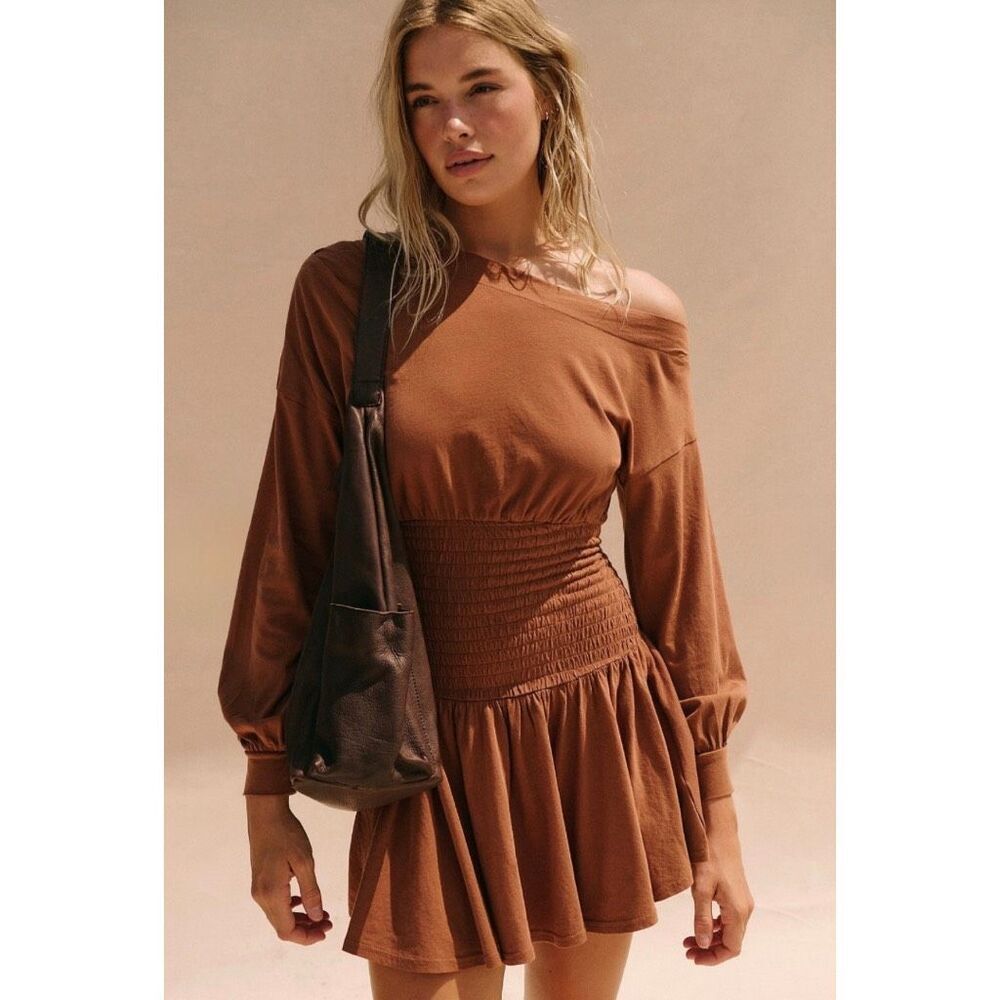 Free People Scorching Hot Mini Dress Brown Smocked One Shoulder NWT Large Boho